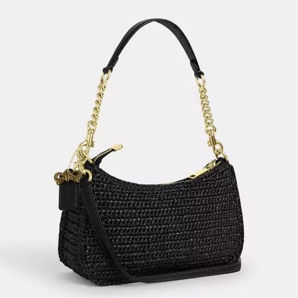 🖤Coach NWT Teri Black Woven Shoulder Bag with crossbody Gold Hardware &Bow Charm - Picture 2 of 7